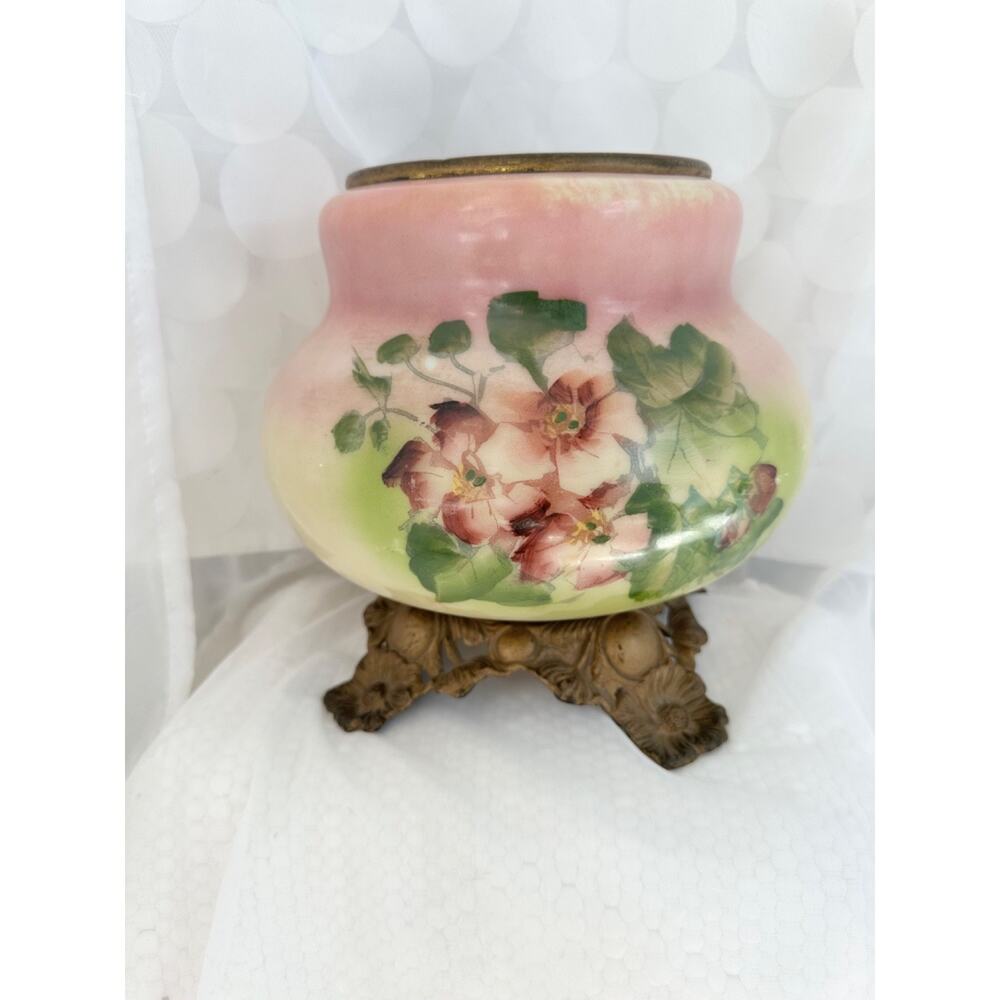 Antique Victorian Oil Lamp Base Pink Green Floral Hand Painted Cast Iron Base